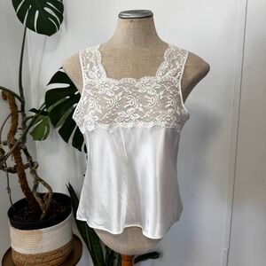 Farr West Camisole Women Medium White Satin Floral Lace Trim Vintage Style USA